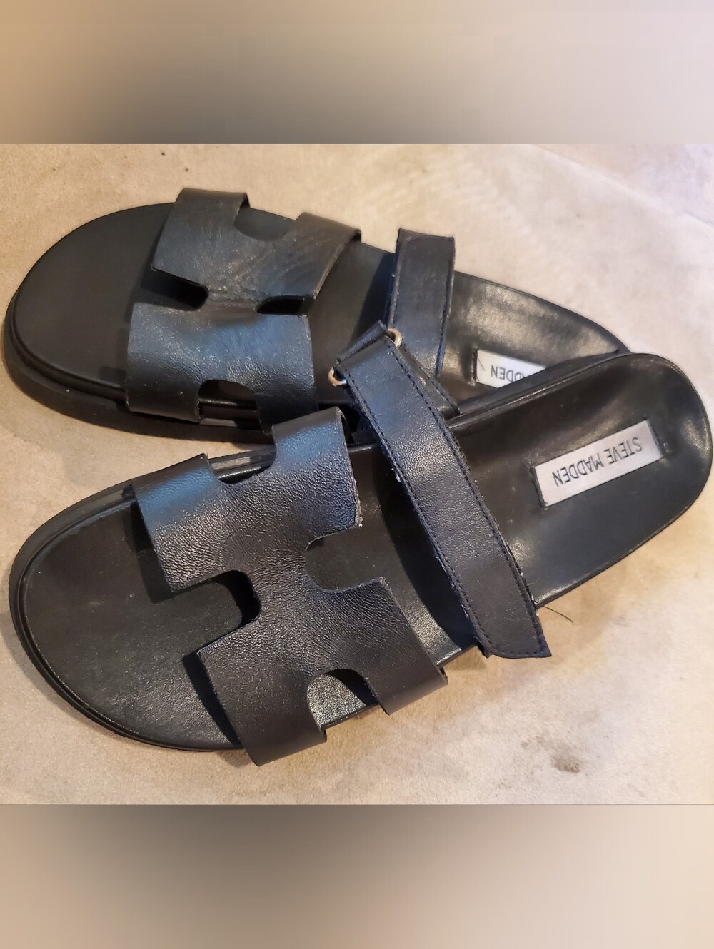 Steve Madden Mayven Black Leather Flatform Slide Sandals Size 9M